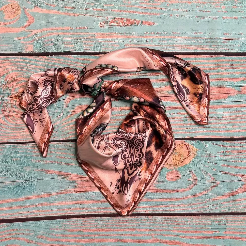 Longhorn & Leopard Wild Rag Scarf | Khaki & Turquoise | 36x36